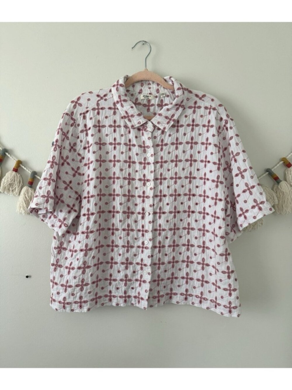 Dylan Kenna Eyelet Floral Button Down Embroidered Boxy Top Cottage Cotton XL